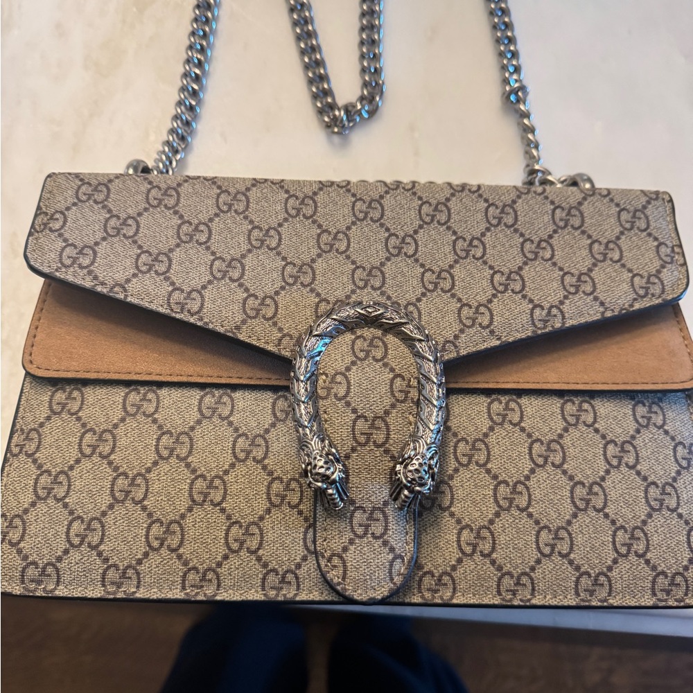 Gucci Beige and Tan Crossbody Bag with Silver Accents